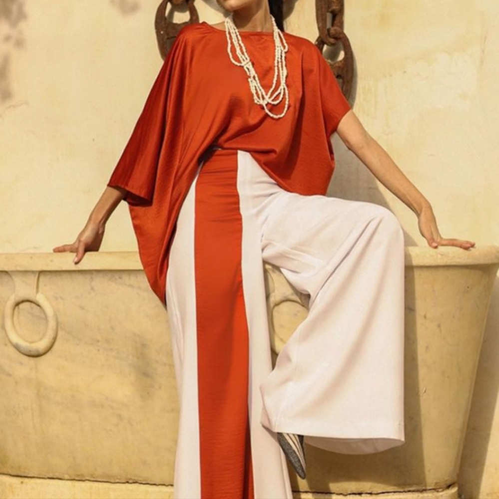 Two piece bat wing top and wide leg pants